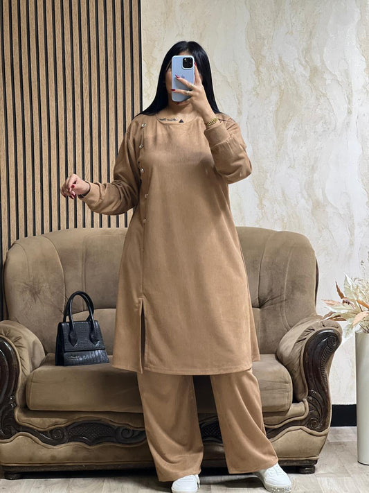 Ensemble Tunique & Pantalon Caramel– Tissu Qattifa