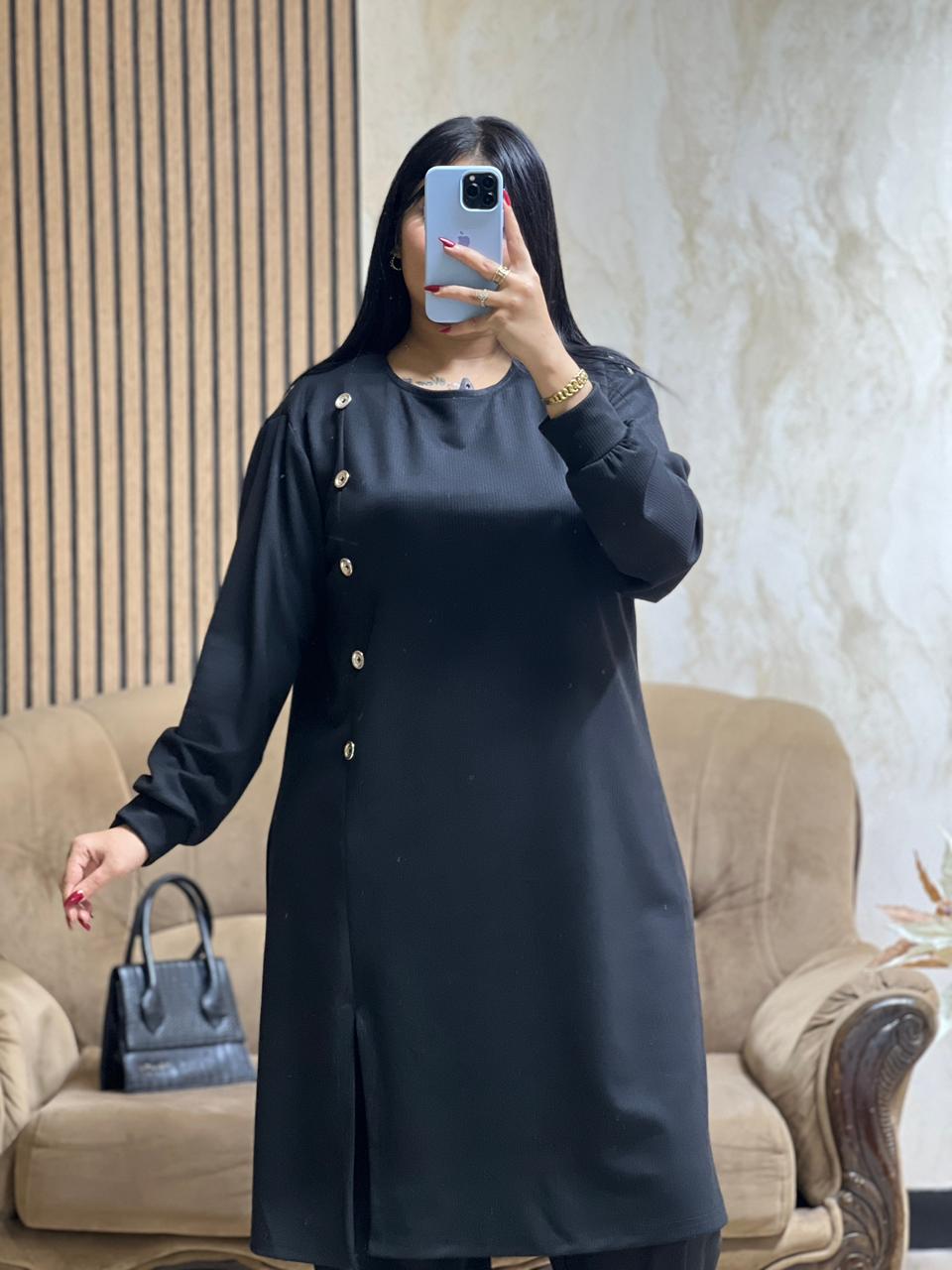 Ensemble Tunique & Pantalon Noir – Tissu Qattifa