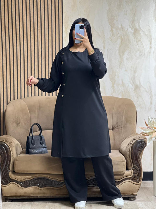 Ensemble Tunique & Pantalon Noir – Tissu Qattifa
