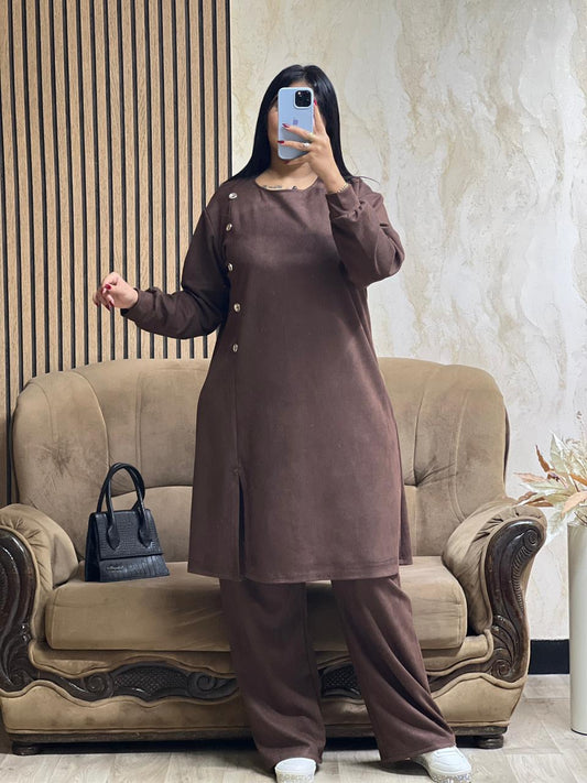 Ensemble Tunique & Pantalon marron– Tissu Qattifa