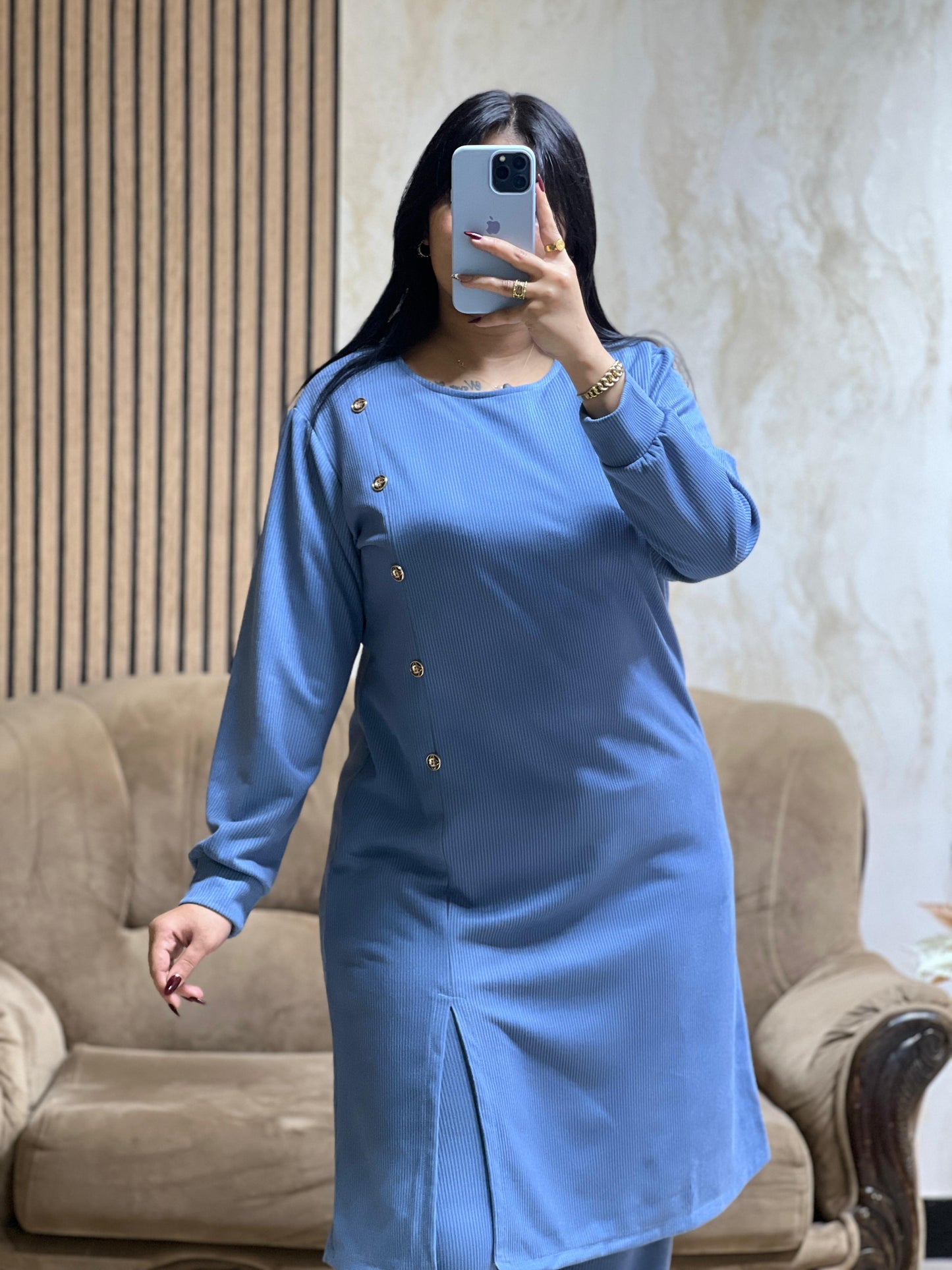 Ensemble Tunique & Pantalon Bleu– Tissu Qattifa