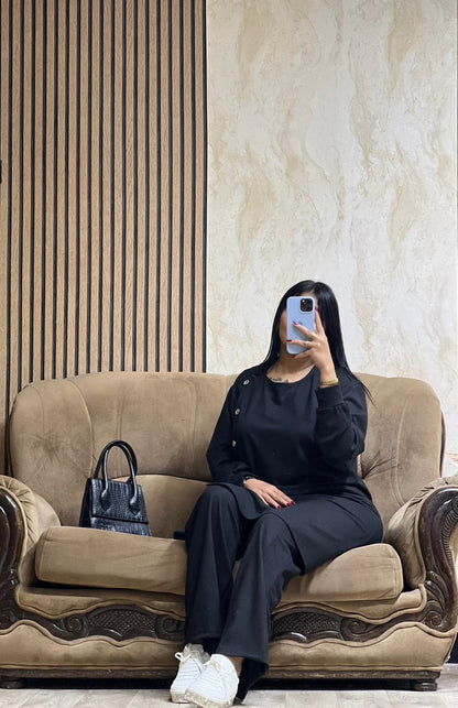 Ensemble Tunique & Pantalon Noir – Tissu Qattifa