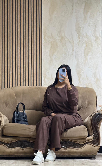 Ensemble Tunique & Pantalon marron– Tissu Qattifa