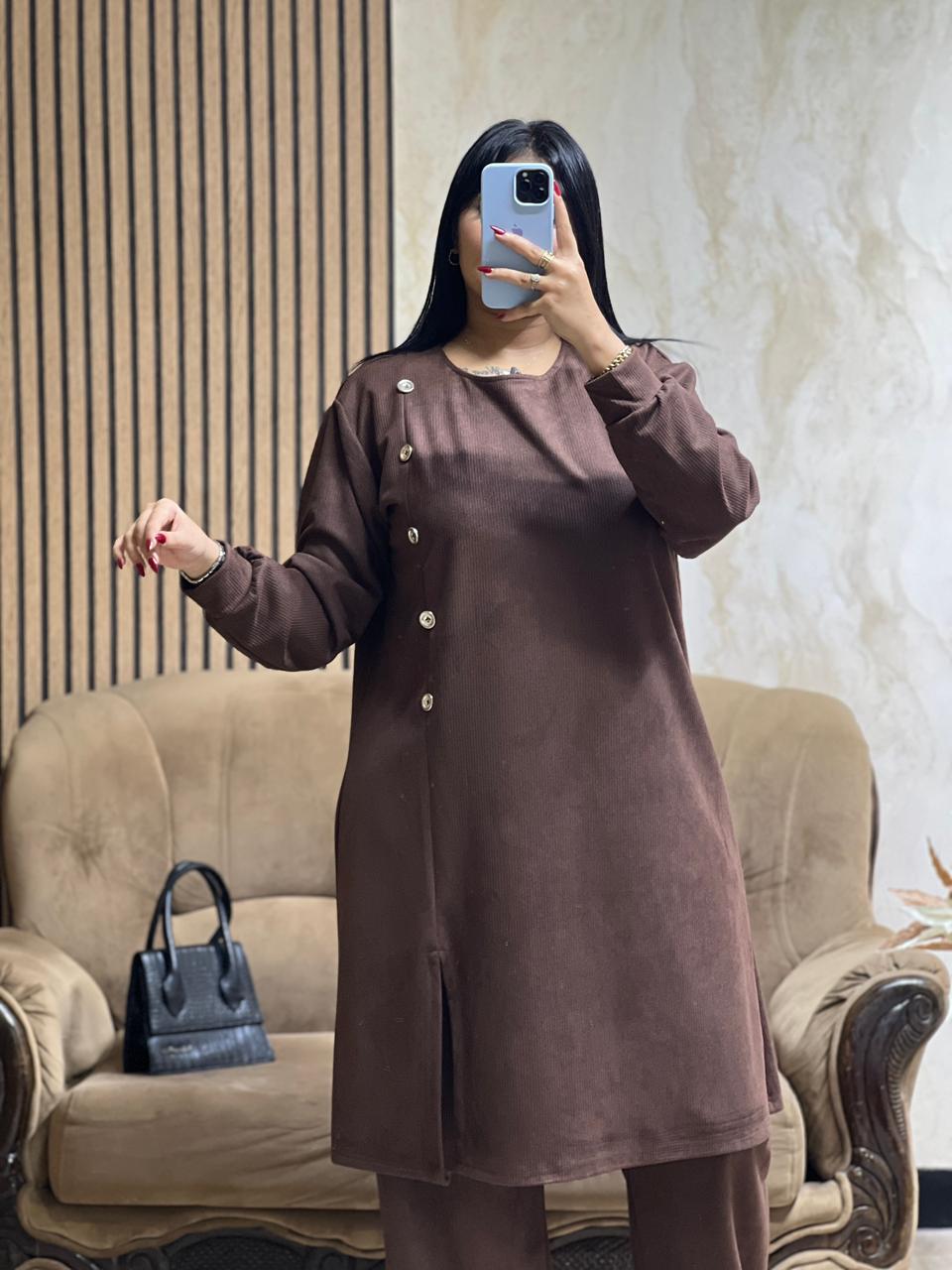 Ensemble Tunique & Pantalon marron– Tissu Qattifa