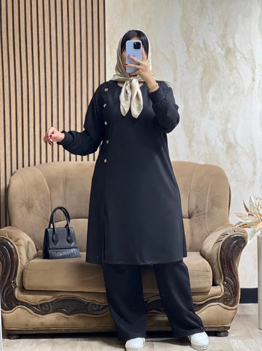 Ensemble Tunique & Pantalon Noir – Tissu Qattifa