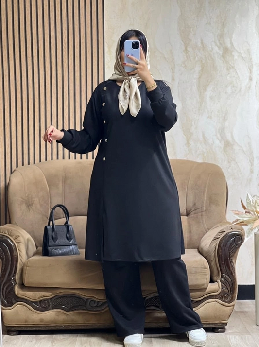 Ensemble Tunique & Pantalon Noir – Tissu Qattifa
