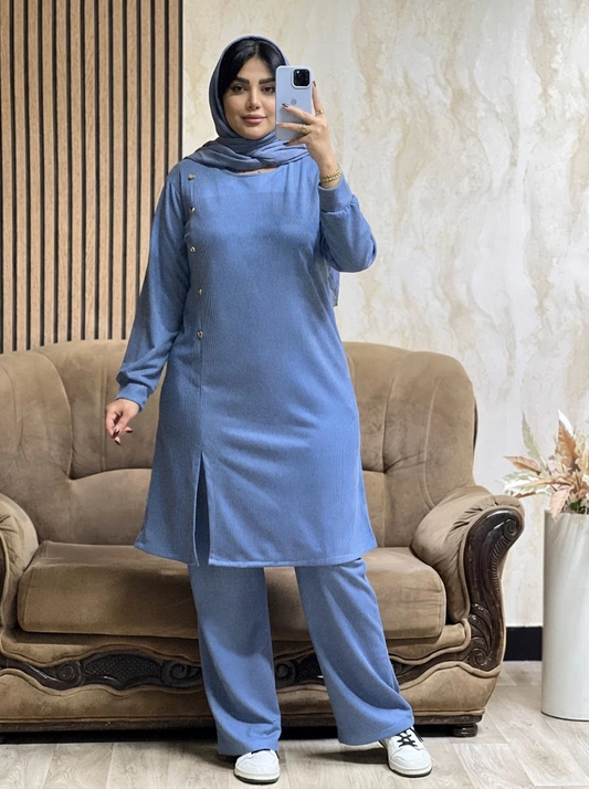 Ensemble Tunique & Pantalon Bleu– Tissu Qattifa