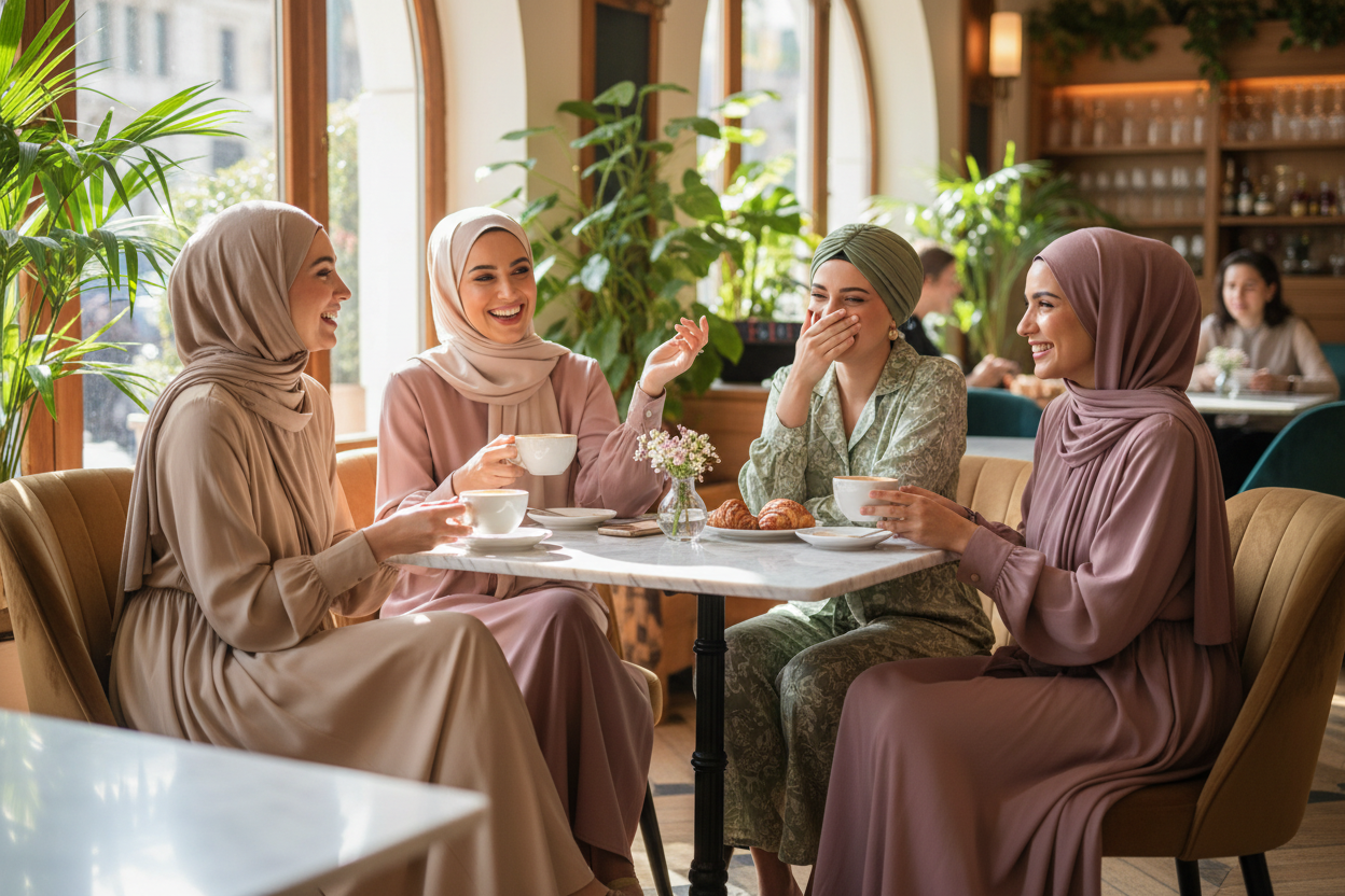 A warm and elegant lifestyle photo of 4 diverse Muslim women wearing modern modest fashion, laughing together in a bright sunlit cafe or boutique setting. They are wearing stylish hijabs in soft colors (beige, mauve, dusty pink, sage green) with contemporary modest outfits - flowing maxi dresses, elegant two-piece sets, and coordinated ensembles. Natural daylight streaming through large windows, creating a soft golden glow. The women are sitting around a marble table, holding coffee cups, genuinely smiling 