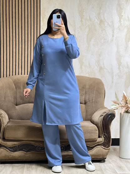 Ensemble Tunique & Pantalon Bleu– Tissu Qattifa